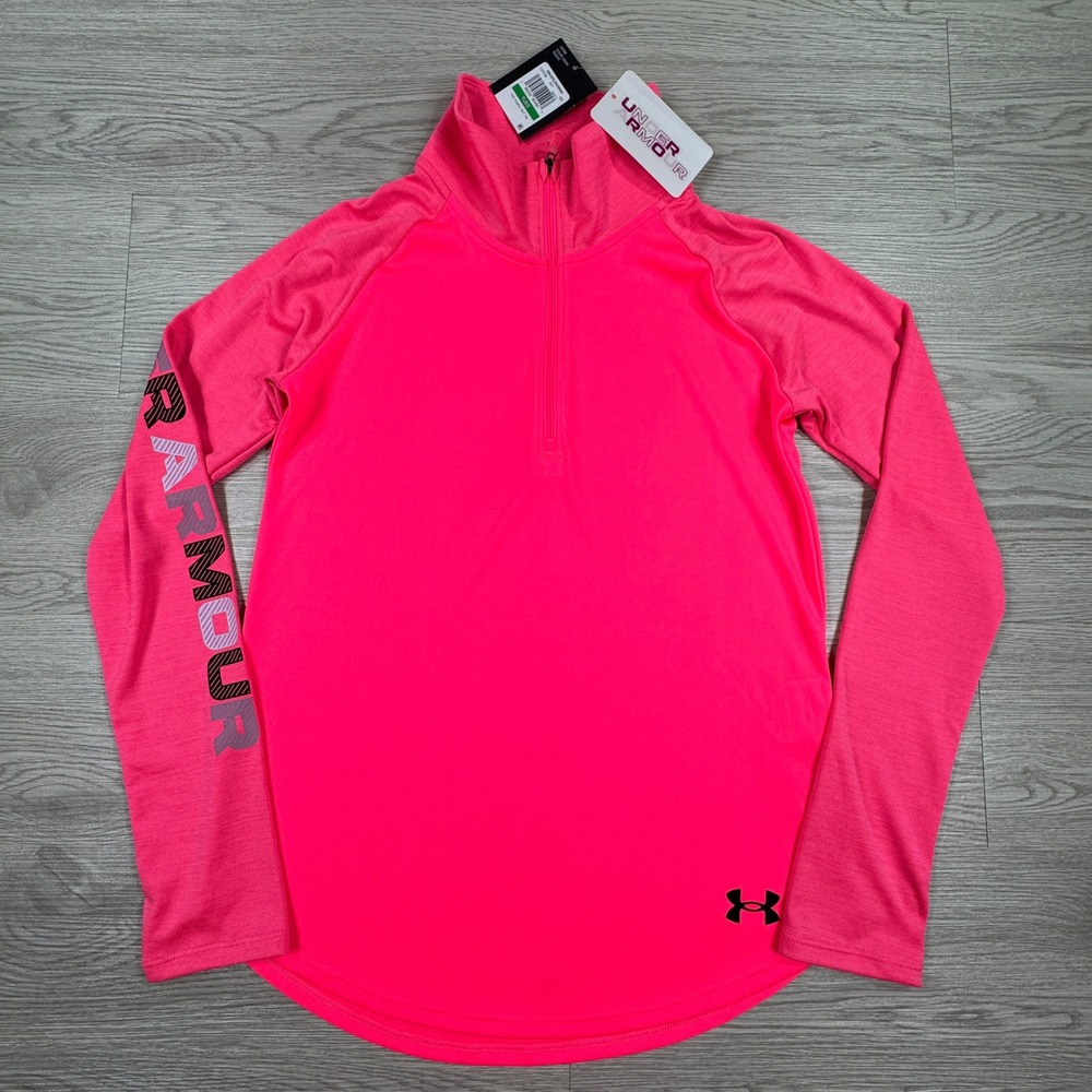 Under Armour Girls Tech Graphic Half Zip Pullover Pink YLG NWT HeatGear Logo